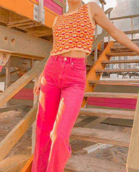 Citrus Color Outfits, Pink Orange Aesthetic Outfit, Pink And Orange Outfit Summer, Pink And Orange Outfit Aesthetic, Pink And Orange Aesthetic Outfit, Fun Pink Outfits, Pink And Orange Clothes, Orange Sweater Vest Outfit, Pink Sweater Vest Outfit