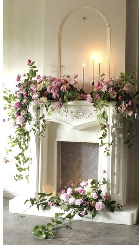 Flower Mantle Decor, Mantel Floral Arrangements, Mantle Flowers, Mantel Flowers, Wedding Mantle, Celestial Wedding Theme, Mantle Styling, Mantle Garland, Wedding Backyard Reception