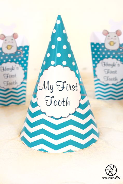 First Tooth Party, paper hat, boy, blue and grey, dotted zigzag background 1st Tooth Party Ideas Boy, 1st Tooth Party Ideas, First Teeth Party Ideas Tooth, Teething Party, Tooth Decor, First Tooth Party, Zigzag Background, Teeth Party, Tooth Party