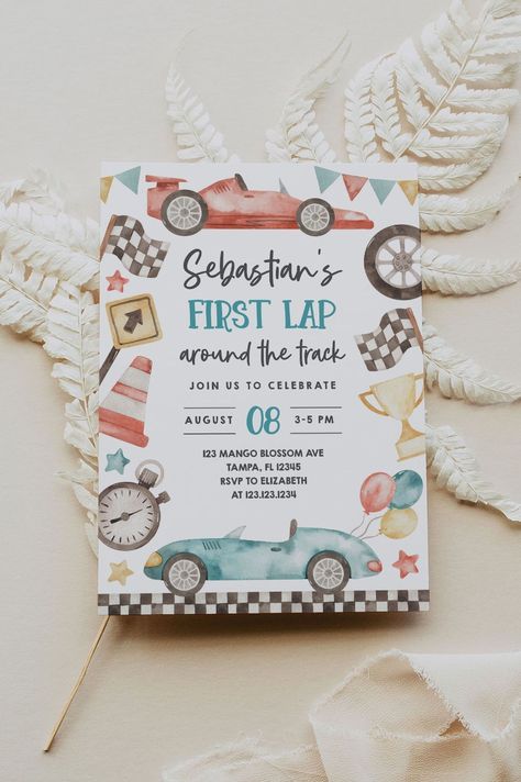 Get this special invite for a thrilling race car birthday party theme. Create your memorable 1st birthday party with this race car birthday invitation. Super easy to edit and print at home or at a print shop! Coordinate with matching race car party printables for a cohesive look. Discover how at Mango Blossom Paperie! Racing Birthday Invitations, Car Theme 1st Birthday Party, Car Theme First Birthday Party, Fast 1 Birthday Party, Formula One Birthday, Racing First Birthday Party, Race Car First Birthday Party Ideas, 1st Lap Around The Track Birthday, First Lap Around The Track Birthday