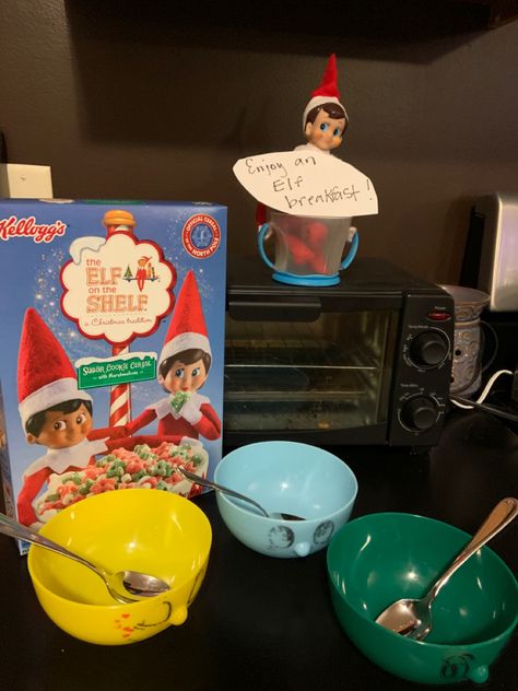 Funny Elf On The Shelf Pranks For Kids, Elf Cereal Ideas, Elf With Cereal, Elf On The Shelf Cereal Ideas, Elf Arrival Breakfast, Elf On The Shelf Toilet Bowl Cereal, Elf On The Shelf Cereal, Elf Makes Breakfast, Elf Cereal