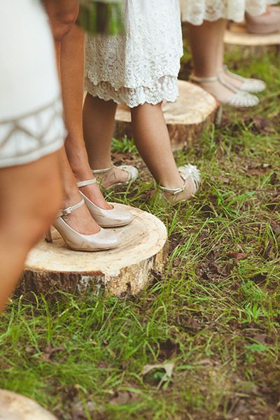 You don’t want your bridesmaids to get their heels stuck in the dirt; stubby stumps serve not only as a décor piece but also as a nice platform for your girls to stand on. Can use for aisle runner as well Outdoor Wedding Inspiration, Boda Mexicana, North Carolina Wedding, Outside Wedding, Second Weddings, Wedding In The Woods, Event Styling, Outdoor Ceremony, Here Comes The Bride