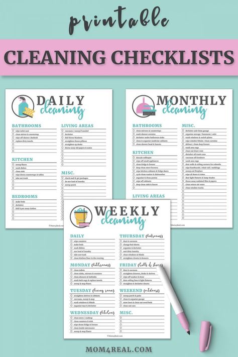 These free Printable Cleaning Checklists will make spring cleaning your home so easy. This set of printables includes a Daily Cleaning Checklist, a Weekly Cleaning Checklist and a Monthly Cleaning Checklist too! via @Mom4Real Cleaning Checklist Printable Free, Monthly Cleaning Checklist, Free Printable Cleaning, Daily Cleaning Checklist, Weekly Cleaning Checklist, Cleaning Schedule Printable, Cleaning Painted Walls, Schedule Printable, Deep Cleaning Tips