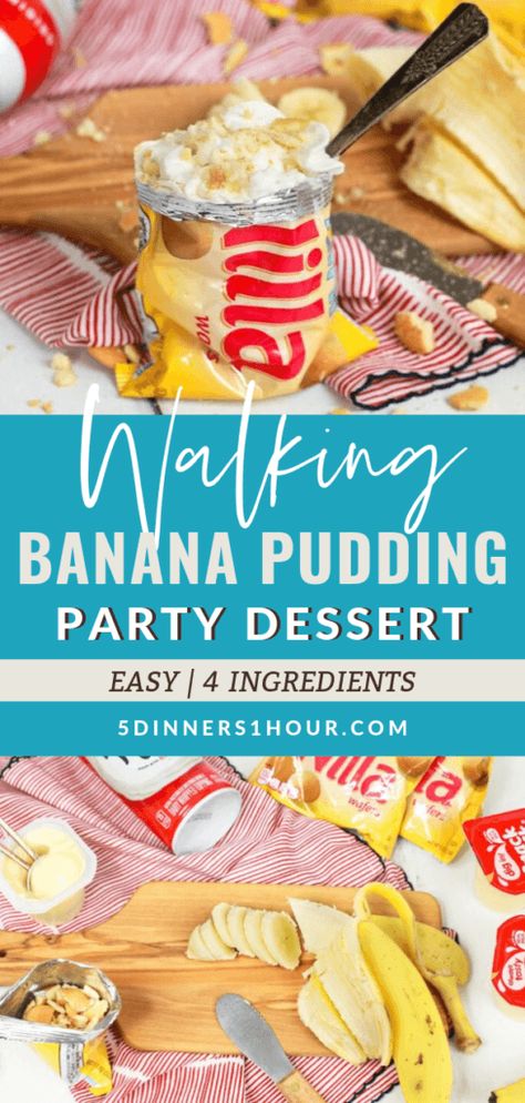 Walking Banana Pudding - Easy Party Dessert! - 5 Dinners In 1 Hour Walking Banana Pudding, Fun Easy Desserts, Entertaining Desserts, Portable Dessert, 5 Dinners, Easy Party Desserts, Party Crowd, Banana Pudding Desserts, Bread Pudding Easy