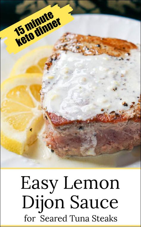 This pepper tuna steak recipe is simple but elegant. Meaty and tender these tuna steaks taste even better with the simple lemon dijon cream sauce for only 2.9g net carbs. Best of all you can make this easy low carb fish dinner in just 15 minutes! Lemon Dijon Cream Sauce, Tuna Steak Sauce Recipes, Sauce For Ahi Tuna Steaks, Dipping Sauce For Tuna Steak, Side Dishes For Tuna Steak, Tuna Steak Sauce, Broiled Tuna Steak Recipe, Low Carb Fish Dinner, Tuna Recipes Steak