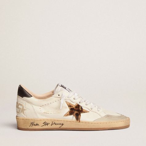 Dreaming Of The Eighties. Our Ball Star Sneakers Have An American College Vibe Caught Between A Hoop Shot And A Skateboard Ride. This Version With A White Nappa Leather Upper Features A Leopard-Print Pony Skin Star In Shades Of Beige And Brown, A Black Leather Heel Tab And A Toe Cap In Ice-Gray Suede. The Contrasting Black Never Stop Dreaming Lettering On The Sole And The White Laces Add The Finishing Touch: Beautiful Things That Never Go Out Of Fashion. White Nappa Leather Upper Beige And Brown Luxury Girl Aesthetic, Golden Goose Ball Star, Camo Stuff, City Girl Style, Wishlist Ideas, Stop Dreaming, Never Stop Dreaming, Luxury Girl, Fashion White