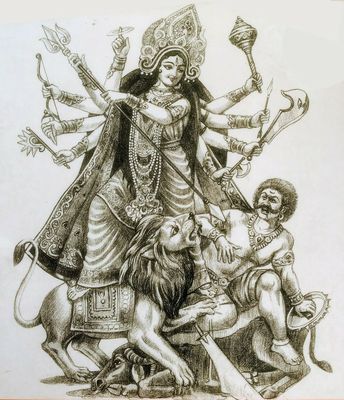 Maa Durga With Her Family Painting, Durga Maa Killing Mahisasur Drawing, Ma Durga Full Body Drawing, Mahishasura Mardini Drawing, Bengali Durga Puja Drawing, Navratri Durga Mata Drawing, Sketch Of Maa Durga, Ma Durga Pencil Sketch, Maa Durga Full Body Drawing