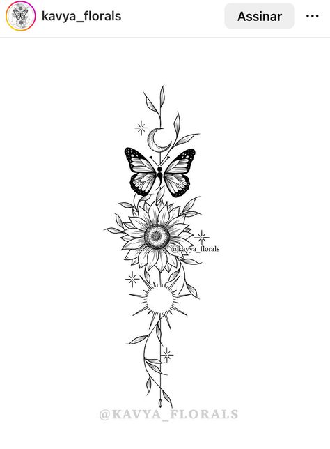 Floral Unalome Tattoo, Butterfly Tattoo Sunflower, Flower Sun And Moon Tattoo, Turtle Spine Tattoo, Buterfluffy Tatoos, Sunflower Leg Tattoo, Leg Tattoo Stencil, Sunflower Spine Tattoo, Butterfly And Sunflower Tattoo