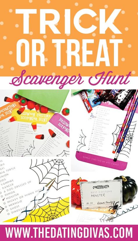 HALLOWEEN TRICK OR TREAT SCAVENGER HUNT- FREE!!! Make trick or treating even MORE fun with these three printable scavenger hunts! This Halloween, do more than just ring door bells! Search for fun costumes, neat decorations, or tasty treats while you gather up goodies of your own! #free #halloween #scavengerhunt #trickortreat #datingdivas Monthly Ideas, Halloween Tips, Fall Pinterest, Diva Party, Kids Holidays, Date Night Ideas For Married Couples, Creative Date Night Ideas, Traditional Door, Halloween Scavenger Hunt