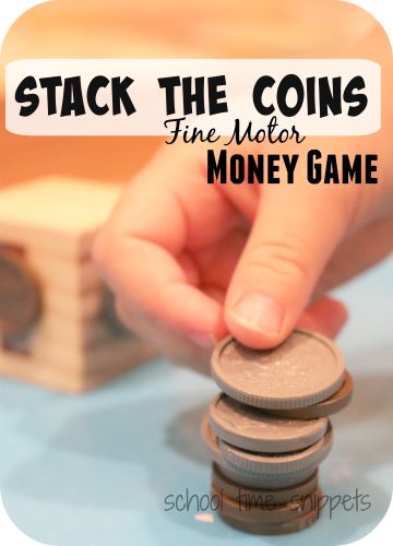 Stack the Coins Money Game- simple game to introduce money to preschoolers and have older sibs work on adding up the coin value! Money Math Games, Money Games For Kids, Camping Theme Preschool, Preschool Math Games, Money Activities, Funky Fingers, Money Math, Counting Money, Money Skills