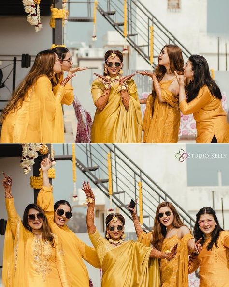 Haldi Photoshoot With Friends, Haldi Photography Ideas, Mehendi Photoshoot, Haldi Dresses, Sisters Photography Poses, Haldi Poses For Bride, Haldi Photoshoot, विवाह की दुल्हन, Haldi Ceremony Outfit