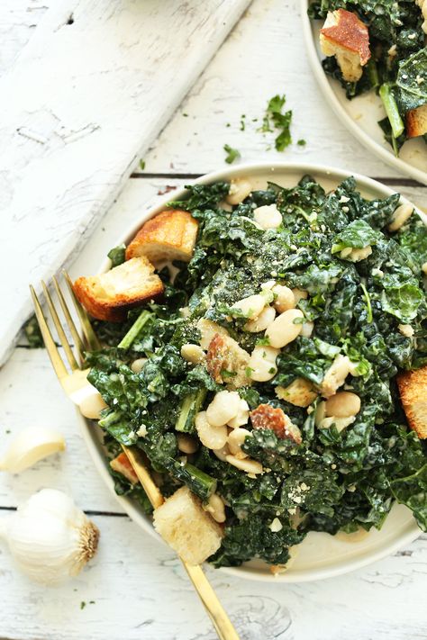 White Bean Kale, Cashew Dressing, Garlic Croutons, Crispy Kale, Salad Kale, Garlic Kale, Kale Caesar, Lazy Vegan, Tahini Recipe