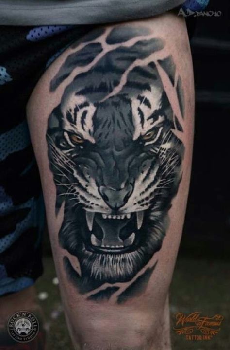 Tato Realis, Tiger Face Tattoo, Japanese Tiger Tattoo, Tiger Tattoo Sleeve, Tiger Tattoo Design, Geniale Tattoos, Thigh Tattoos Women, Tiger Tattoo, Grey Tattoo