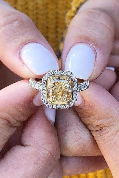 engagement ring inspiration radiant cut yellow diamond halo pave band Yellow Diamond Engagement Ring Cushion, Flower Engagement Ring Set, Aquamarine Engagement Ring Vintage, Engagement Ring Ideas, Engagement Ring Cushion, Top Engagement Rings, Yellow Diamonds Engagement, Yellow Diamond Engagement Ring, Ring Inspiration