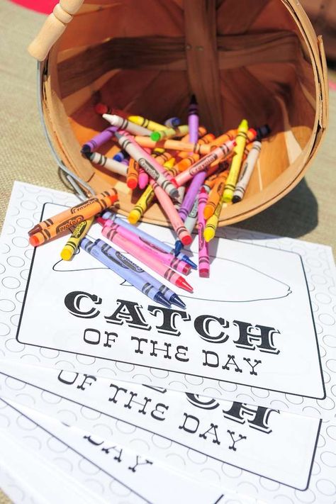 Gone Fishing Birthday | CatchMyParty.com Gone Fishing Birthday Party, Gone Fishing Party, Fishing Themed Birthday Party, Baby Shower Fishing, Fishing Birthday Party, Kid Parties, Fishing Party, Catch Of The Day, Party Hostess