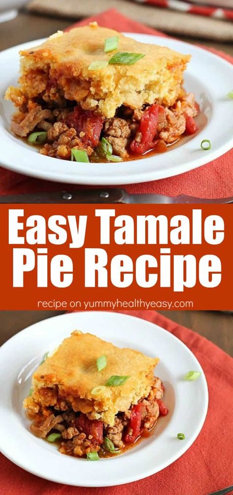 This Tamale Pie is the most amazing, easy, scrumptious dinner you can throw together. It's a flavorful mixture of ground turkey and spices topped with a layer of cornbread. So easy, you won't even believe it. Such a yummy Mexican dinner recipe the whole family will love! #dinner #recipe #easy #mexicanfood #healthy #tamale #turkey #mexican Ground Turkey Tamale Pie, Turkey Tamale Pie, Easy Tamale Pie Jiffy, Ground Turkey And Cornbread Recipes, Jiffy Cornbread Tamale Pie Recipe, Tamale Pie Recipe Jiffy, Easy Tamale Pie, Recipe Ground Turkey, Easy Tamales