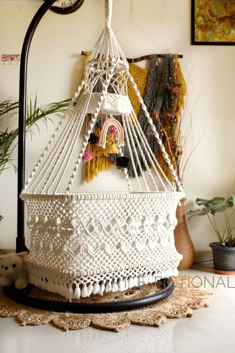 Diy Bassinet Ideas, Diy Bassinet, Macrame Bassinet, Macrame Baby Room, Macrame Nursery Decor, Hanging Bassinet, Macrame Nursery, Nursery Bassinet, Macrame Chairs