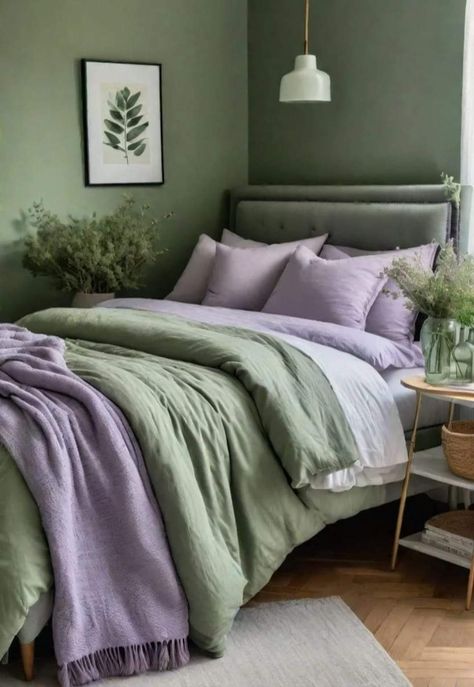 Sage And Purple Bedroom, Purple Green Bedroom, Purple And Green Bedroom, Green And Purple Bedroom, Sage Green Bedroom Ideas, Lilac Bedroom, Sage Bedroom, Lavender Bedroom, Lavender Room