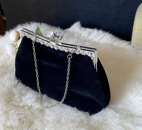 Small Purses And Handbags, Cross Shoulder Bag, Cross Shoulder Bags, Black Evening Bag, Handmade Purse, Velvet Clutch, Frame Purse, Rhinestone Clutch, Silver Bags