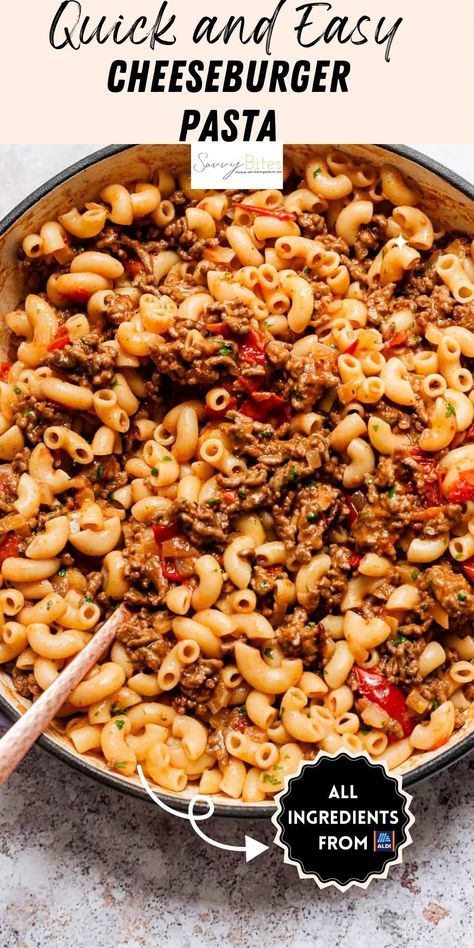 Whip up this cheeseburger pasta in a flash – it's your next go-to in easy pasta recipe for a delicious family dinner ready in 30 minutes. Made with wallet-friendly ingredients from Aldi, this dish proves that cheap meals can still be rich in flavor. Perfect for time-strapped evenings, it’s the affordable family meal that ensures you don’t sacrifice taste for budget. Aldi Pasta Recipe, Cheap Aldi Meals, Easy Cheeseburger Pasta, Lean Dinners, Beef Macaroni, Chicken Fajita Bowl, Easy Pasta Recipe, Cheeseburger Pasta, Delicious Family Dinners