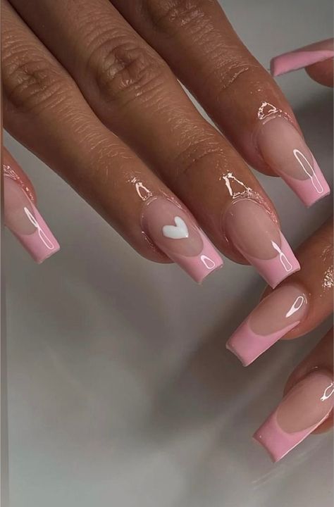 French Tips With A Heart, Baby Pink French Tips, Pink French Tips, Harry Potter Nail Art, Oval Acrylic Nails, Harry Potter Nails, Ring Finger Nails, Finger Art, Finger Heart