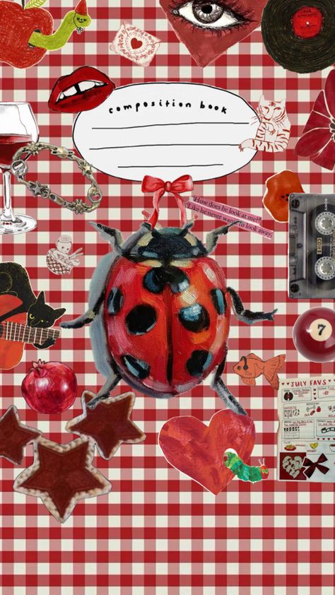 A red notebook cover featuring a variety of red stickers including a big ladybug sticker. Red Notebook Cover, Notebook Cover Goodnotes, Goodnotes Notebook Cover, Cover Goodnotes, Red Notebook, Red Stickers, Goodnotes Notebook, Composition Book, Notebook Cover