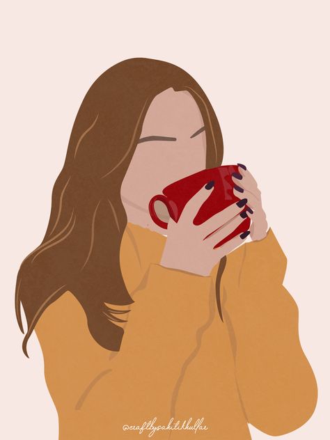 Woman with Coffee Mug Illustration, Red Coffee Mug, Coffee Lovers Coffee Mug Illustration, Woman With Coffee, Mug Illustration, Red Coffee Mug, Coffee Artwork, Red Coffee, Abstract Face Art, Coffee Girl, Abstract Faces