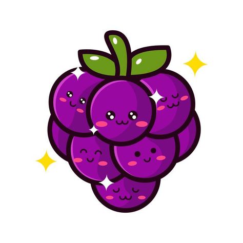 Cute Grape Drawing, Grape Cartoon, Grape Drawing, Fruit Doodle, Cherry Drawing, Paw Drawing, Fruit Clipart, Kawaii Fruit, Diy Hair Accessories Ribbon