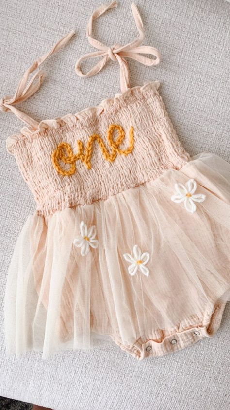 One Romper First Birthday Outfit First Birthday Romper Hand-embroidered One Romper with daisy flowers Yellow One A Year In Bloom First Birthday, Daisy Onederful Birthday, Isn’t She Lovely Birthday, Wild Flower First Birthday Photoshoot, Isn’t She Onederful Birthday Daisy, Wildflower First Birthday Outfit, Blooming One Birthday Party, Dainty First Birthday, Spring One Year Old Birthday Party