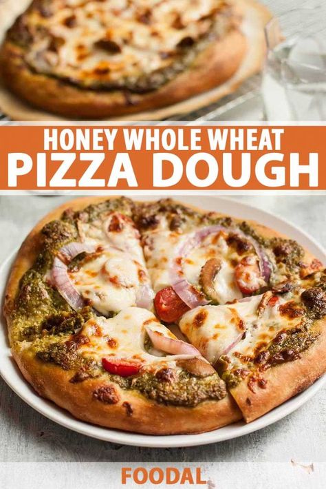 This Honey Whole Wheat Pizza Dough Recipe is easy to make, and is so worth the little bit of extra time. Get the recipe along with pizza making tips now on Foodal. #wholewheat #pizzadough #crust #homemadepizza #foodal Pizza Dough Recipe Honey, Whole Wheat Pizza Dough Recipe, Healthy Pizza Dough, No Rise Pizza Dough, Homemade Pizza Crust Recipe, Calzone Recipes, Wheat Pizza Dough Recipe, Whole Wheat Pizza Dough, Honey Pizza