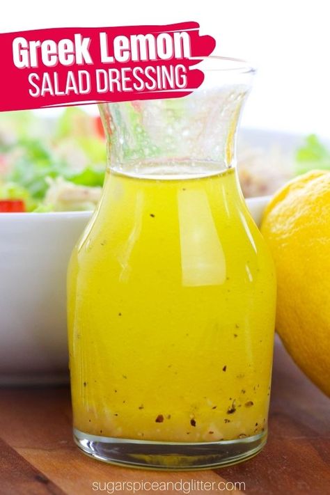 How to make lemon olive oil salad dressing, a fresh, vibrant vinaigrette and traditional Greek recipe. This 5-ingredient salad dressing is the perfect way to liven up summer salads or add some zip to grilled meat or roasted veggies Mediterranean Lemon Dressing, Lemon Olive Oil Salad, Green Olive Salad, Olive Oil And Lemon Dressing, Oil Salad Dressing, Olive Oil Salad Dressing, Quinoa Chickpea Salad, Lemon Salad Dressings, Olive Oil Salad