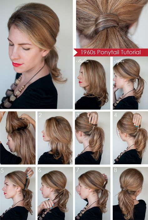 This easy ponytail hairstyle is influenced by the loose hairstyles. The 1960s shape is created by teasing at the crown and keeping the ponytail low and a little messy. Diy Ponytail Hairstyles, Diy Ponytail, Ponytail Hairstyles Tutorial, Ponytail Tutorial, Ponytail Hairstyles Easy, Hair Romance, Easy Hairstyles For Medium Hair, Top Hairstyles, Medium Long Hair