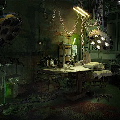 Haunted House Laboratory, Abandoned Operating Room, Creepy Surgery Room, Operating Room Halloween Decorations, Underground Laboratory Concept Art, Creepy Hospital Room, Halloween Operating Room, Environments Concept Art, Scary Hospital Room