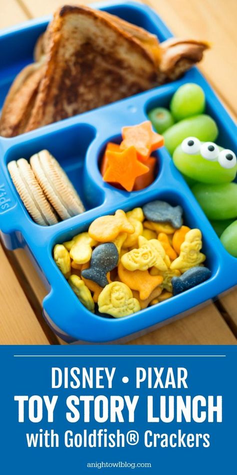 Perfect for fans of Toy Story and Goldfish Crackers®, this Disney Pixar Toy Story lunch is filled with Toy Story-inspired eats and new Toy Story Goldfish® Crackers! #ToyStory #Goldfish #SchoolLunchIdeas Toy Story Lunch Ideas, Disney Lunch Ideas, Onigiri Shapes, Disney Inspired Food, Preschool Lunch, Bento Lunches, Goldfish Crackers, Toddler Stuff, Packed Lunch