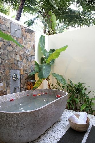 Tub Renovation, Outside Bathtub, In Touch With Nature, Stone Tub, Outdoor Bathtub, Outdoor Bathroom Design, Stone Bathtub, Outdoor Tub, Outdoor Baths