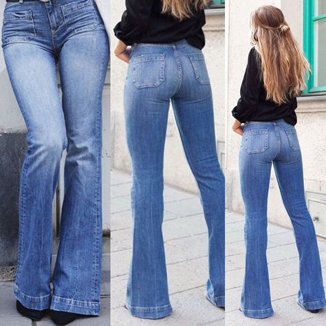 Women's Fashion High Waist Jeans Flares Casual Wide Leg Denim Jeans Blue Sexy Long Pants bell-bottoms | Wish Pants Bootcut, Denim Pants Fashion, Patch Jeans, Denim Fashion Women, Vintage Mom, Party Dress Long Sleeve, Patched Jeans, Puff Sleeve Dresses, Cow Boy