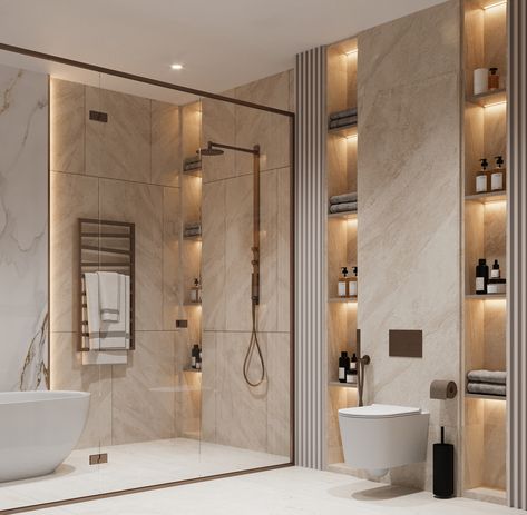 Luxury En Suite Bathroom, Luxury Bathtub Aesthetic, Luxury Bathroom Master Baths Modern Interior Design, Master Toilet Design, Luxury Toilet Design Modern, Beautiful Bathrooms Luxury, Luxury Bathroom Storage, Modern Bathroom Design Luxury, Modern Luxury Bathroom Design Master Bath