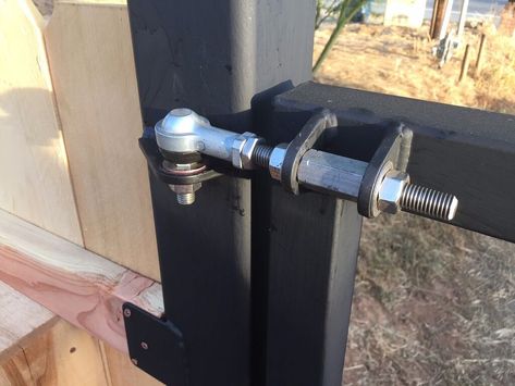 After we built the first prototype machine a few years ago, I used it quite extensively for my personal projects, including the electric gate out in front of my house. I used tie rod ends (similar to automotive style except without a tapered male stud) for the hinges because they can be adjusted in all directions without ever being out of alignment to each other. After seeing how well they worked on my gate, i started selling these on ebay for $50 for a pack of two. I sold a TON of these and th Diy Gate, Projek Diy, Electric Gate, Gate Hinges, Metal Gates, Gate Latch, Carriage Bolt, Welding And Fabrication, Door Gate Design