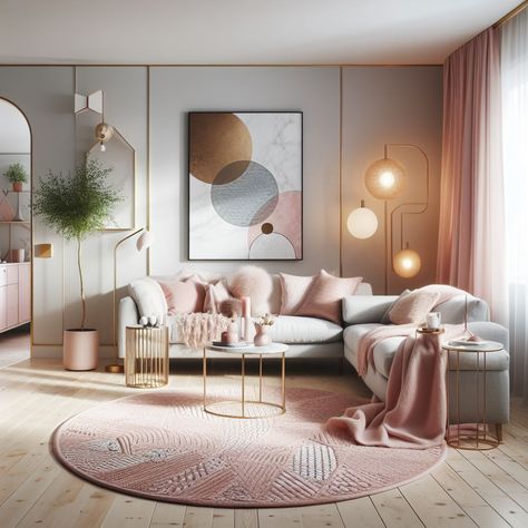 "Skandinavisk stueindretning med pink-grå-guldpalet, marmoraccenter, smart design, miljøvenligt rødt tæppe i en hyggelig villa." Light Grey And Pink Living Room, Pink And Gold Room Ideas, Pink Living Room Aesthetic, Living Room Ideas Pink, Gold And Pink Room, Gold Room Ideas, Grey And Gold Living Room, Pink And Gold Room, Pink Accents Living Room