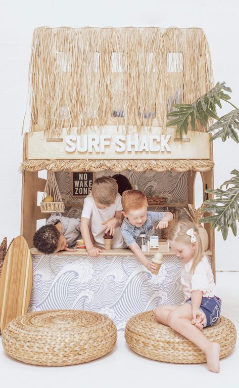 6 Surf Shack Playroom, Beach Shack Playhouse, Surf Shop Playhouse, Mediterranean Kids Room, Diy Surf Shack, Coastal Playhouse, Surf Playroom, Coastal Playroom, Sunroom Playroom