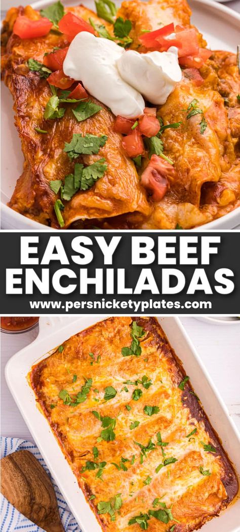 This easy Ground Beef Enchiladas recipe starts with tortillas that are filled with a seasoned ground sirloin mixture, topped with a flavorful enchilada sauce, sprinkled with shredded colby jack, and baked until cheesy and gooey. Easy Enchiladas Beef Corn Tortillas, Ground Sirloin Recipes Dinners, Ground Sirloin Recipes, Beef Chuck Recipes, Easy Ground Beef Enchiladas, Enchiladas Beef, Food Preps, Beef Enchiladas Recipe, Homemade Enchilada Sauce Recipe