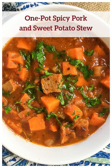 One-Pot Spicy Pork and Sweet Potato Stew Recipe - From Val's Kitchen Stew With Sweet Potatoes, Sweet Potato Stew, Potato Stew, Pork Soup, Pork Stew, Stewed Potatoes, Spicy Pork, Sweet Potato Soup, Stuffed Pork Tenderloin