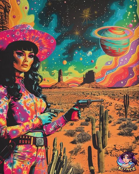 🌌✨ Out here where the wild west meets the wild cosmos. 🌵🔫 She’s ready to duel with destiny. 🌠💫 #CosmicCowgirl #GalacticGrit #ArtisticJourney #PsychedelicArt Alien Cowgirl, Wild Cosmos, Cosmic Cowgirl, The Wild West, Wild West, Rodeo, The Wild, Cosmos, Destiny