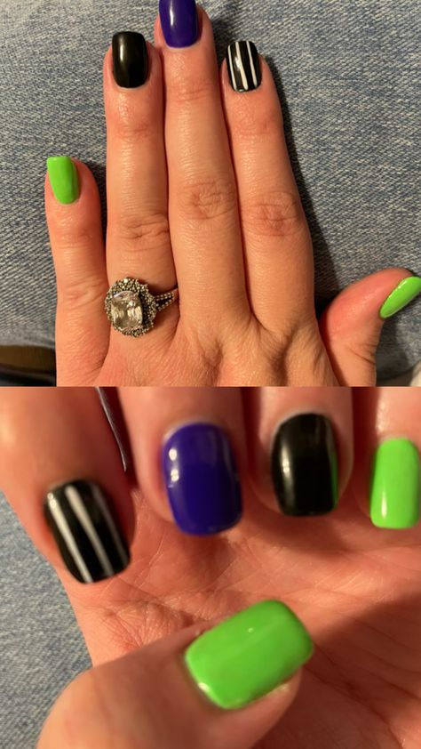 Purple, green, black and white Beetlejuice theme Beetlejuice, Purple Green, Black And White, Nails, Purple, Green, White, Black