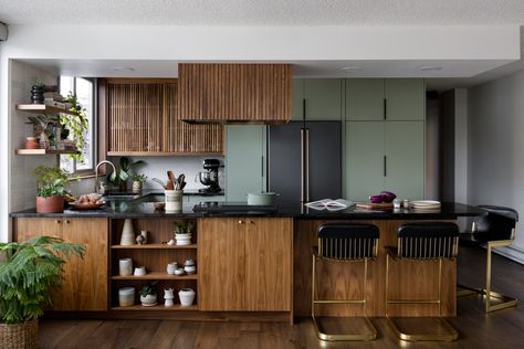 **Work in some walnut millwork** Sliding Wood Doors, Small Sink, Pretty Kitchen, Mid Century Modern Kitchen, Island Kitchen, Old Kitchen, Tiny Kitchen, Modern Dining, A Kitchen