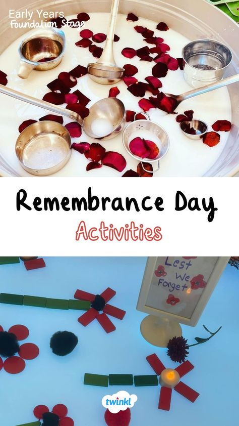 These lovely activities pay honor to remembrance day in an engaging way for children to explore. Special thanks to @_little.thinkers_ Cuddle Kids Home Remberence Day Activities, Remembrance Day Nursery Activities, Rememberance Day Activities Toddlers, Rememberence Day Activities For Kids, Rememberance Day Activities For Babies, Remembrance Tuff Tray Ideas, Preschool Remembrance Day Activities, Eyfs Remembrance Day, Remembrance Day Sensory Bin