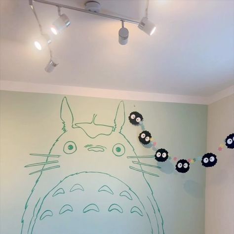 Totoro Wall Mural, Soot Sprite Room Decor, My Neighbor Totoro Room Ideas, Soot Sprite Decor, Ghibli Room Decor Aesthetic, Ghibli Room Decor Diy, Totoro Bedroom Ideas, Studio Ghibli Wall Art, Studio Ghibli Nursery Ideas