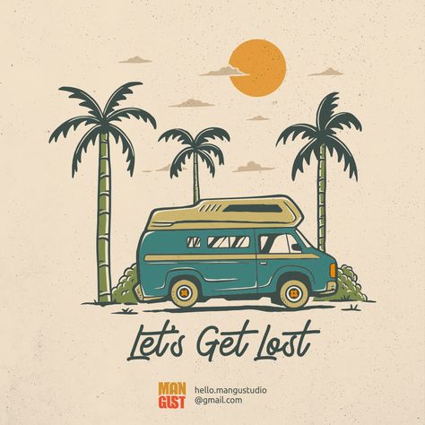 Let's Get Lost Van Adventure is a vintage illustration that is suitable for t-shirts, jackets, or merchandise with the theme of combi, nature, volkswagen, caravan, van, vehicle, adventure, roadtrip, trip, travel, summer, vacation, holiday, outdoors, camping. Van Drawing, Let's Get Lost, Adventure Van, Lets Get Lost, Tshirt Printing Design, Shirt Illustration, Life Poster, Pop Art Wallpaper, Creative Tshirt