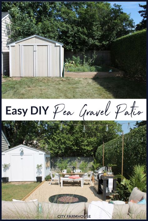 Diy Gravel Patio Ideas, Modern Farmhouse Patio Ideas Backyards, Yard Patio Ideas Budget, Backyard Patio Ideas On A Budget Outdoor Areas Pea Gravel, Pea Gravel Yard Backyard Ideas, Diy Gravel Backyard Ideas, Gravel Patio Ideas Budget, Airbnb Backyard Ideas, Large Backyard Ideas On A Budget