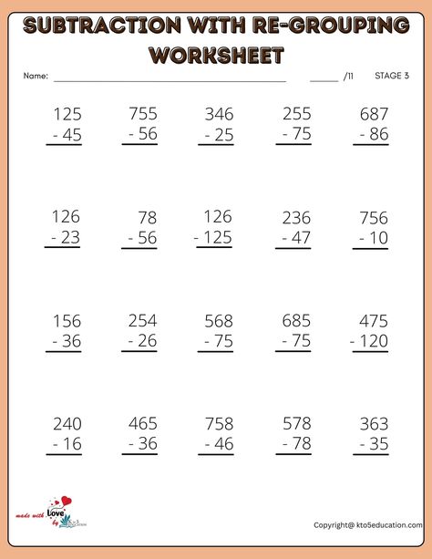 Subtraction With Re-Grouping Printable Worksheet | FREE Download Subtraction Borrowing, Worksheet For 2nd Grade, Grade 2 Math Worksheets, Subtraction With Borrowing, Letter I Worksheet, Grade 2 Math, Maths Worksheet, Tracing Worksheets Free, Counting By 5's